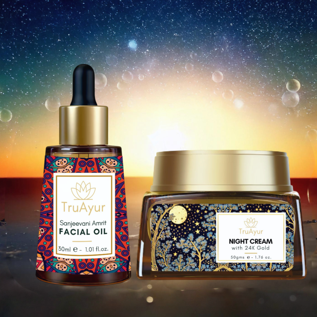 Ritual antienvejecimiento con oro de 24 quilates (aceite facial y crema de noche Sanjeevani Amrit)