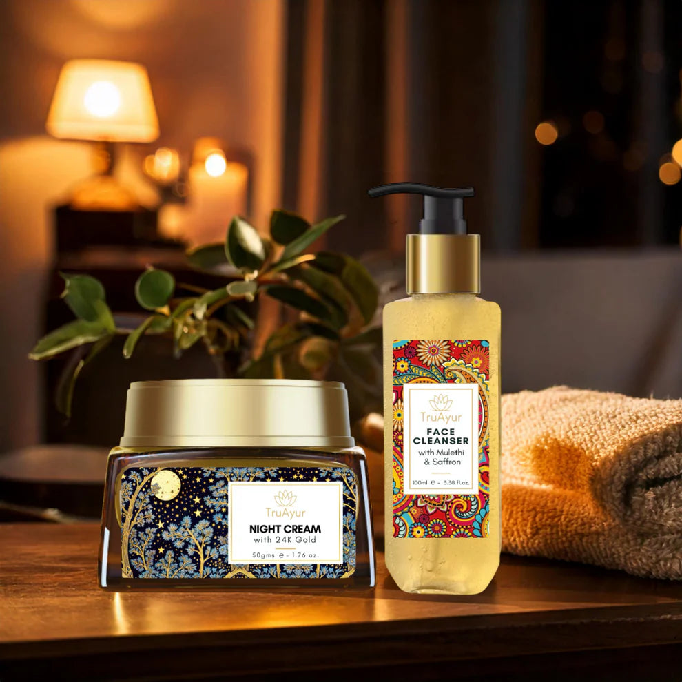 Ritual de noche Saffron Glow (crema de noche de oro de 24 quilates y limpiador facial)