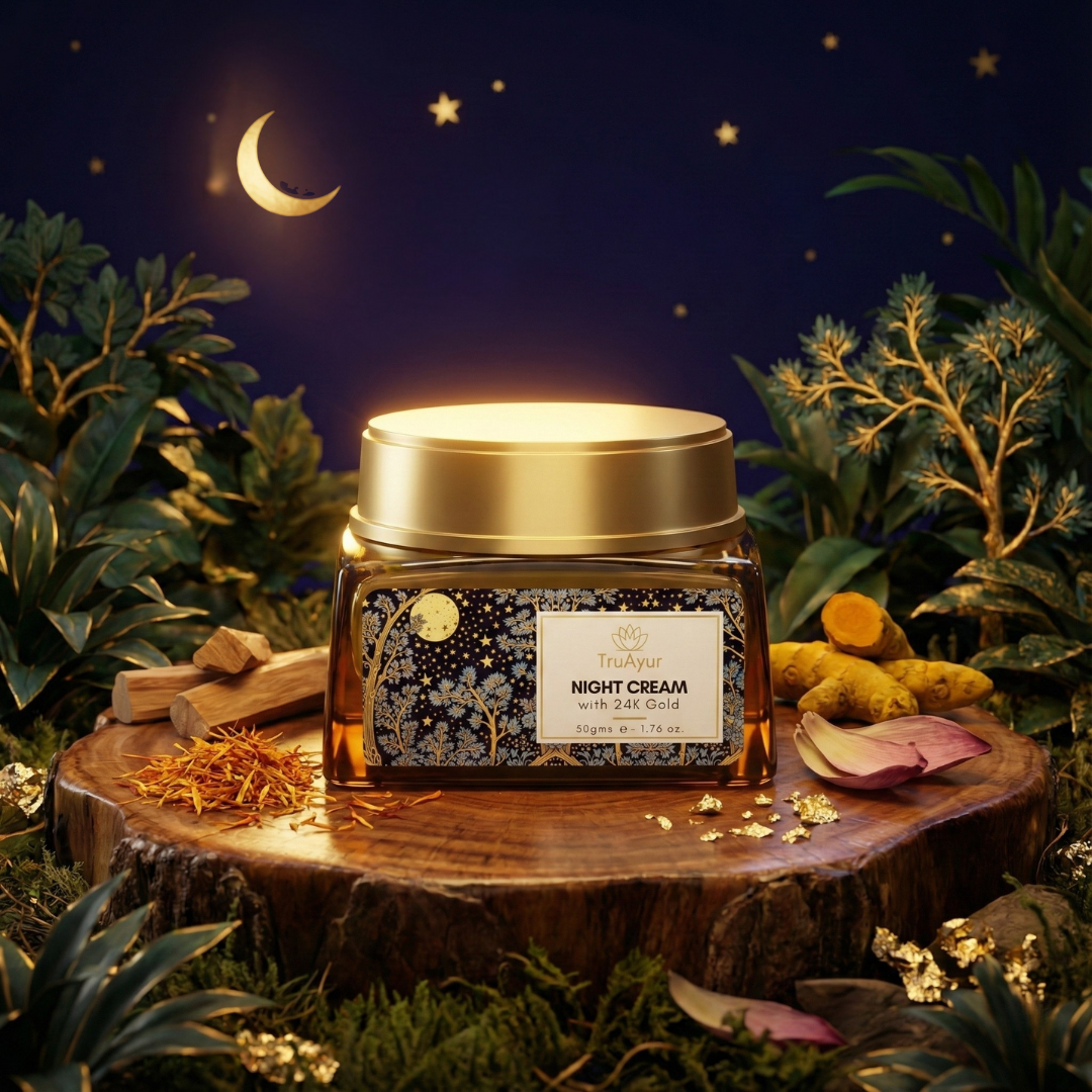 24K Oro Crema de Noche Anti-Aging Ayurvédica con Aceite de Bakuchi, Azafrán y Cúrcuma