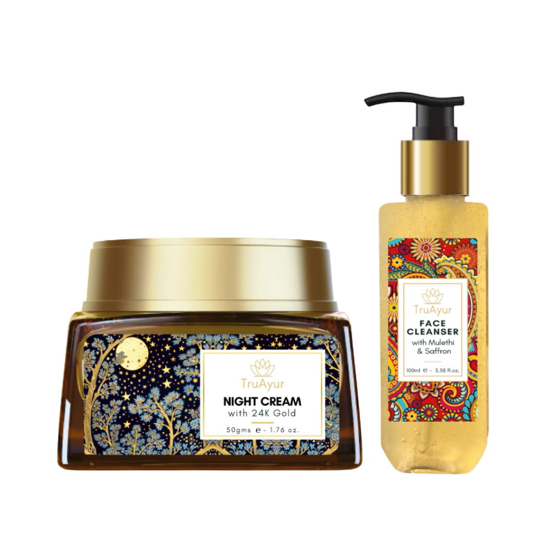 Ritual de noche Saffron Glow (crema de noche de oro de 24 quilates y limpiador facial)