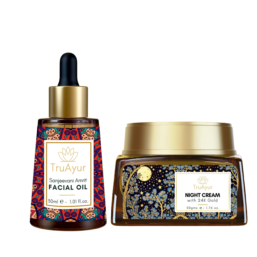 Ritual antienvejecimiento con oro de 24 quilates (aceite facial y crema de noche Sanjeevani Amrit)