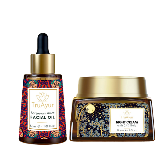 Ritual antienvejecimiento con oro de 24 quilates (aceite facial y crema de noche Sanjeevani Amrit)