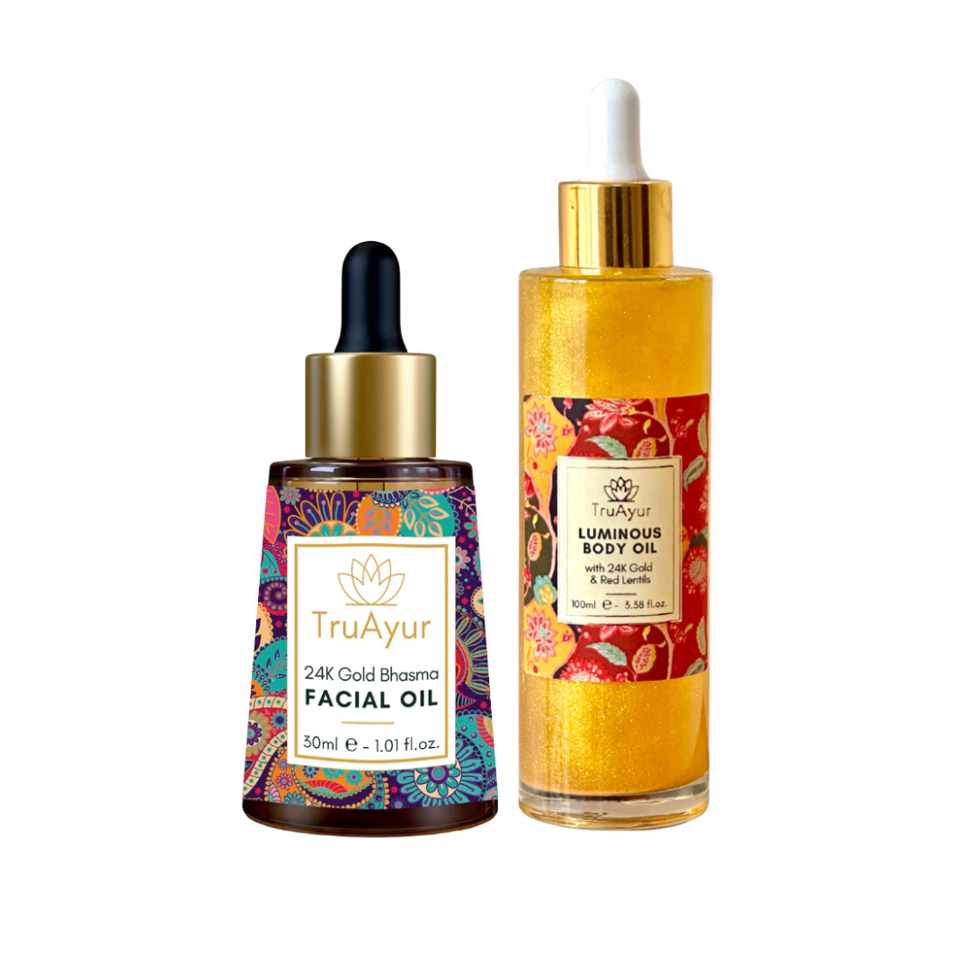 Combo de brillo dorado 24K (combinación de aceite facial y aceite corporal dorado 24K)