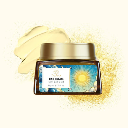 Crema de día ayurvédica iluminadora de oro de 24K con Gotu Kola, azafrán y Mulethi