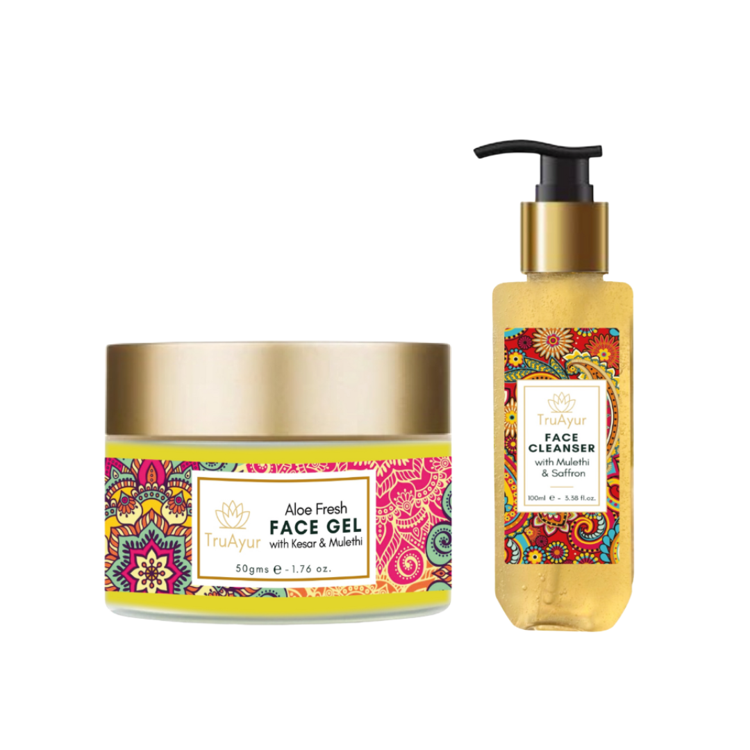 Dúo facial fresco con azafrán de Cachemira y Mulethi (limpiador facial y gel facial Aloe Fresh)