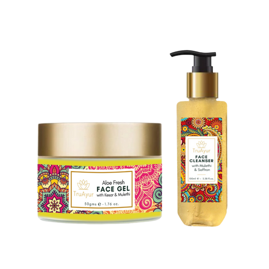 Dúo facial fresco con azafrán de Cachemira y Mulethi (limpiador facial y gel facial Aloe Fresh)