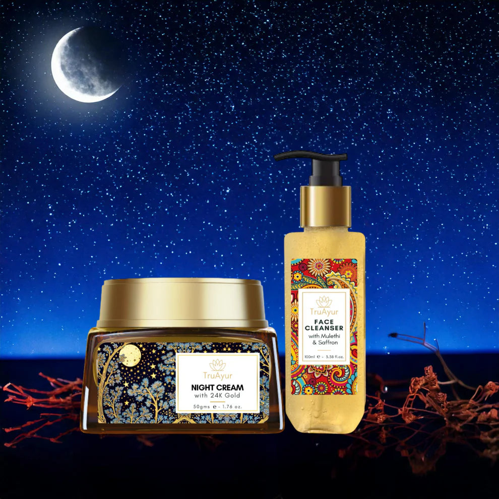 Ritual de noche Saffron Glow (crema de noche de oro de 24 quilates y limpiador facial)