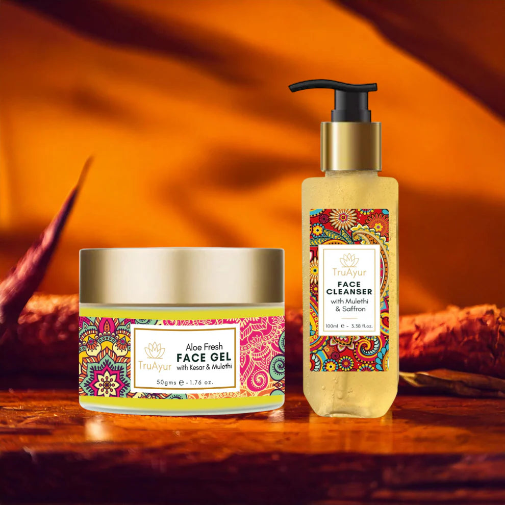 Dúo facial fresco con azafrán de Cachemira y Mulethi (limpiador facial y gel facial Aloe Fresh)