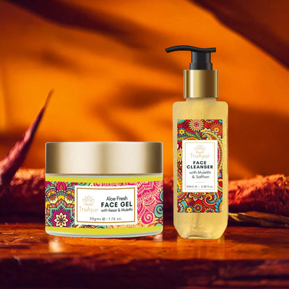 Dúo facial fresco con azafrán de Cachemira y Mulethi (limpiador facial y gel facial Aloe Fresh)