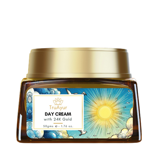 Crema de día ayurvédica iluminadora de oro de 24K con Gotu Kola, azafrán y Mulethi