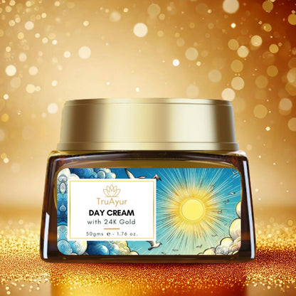 Crema de día ayurvédica iluminadora de oro de 24K con Gotu Kola, azafrán y Mulethi